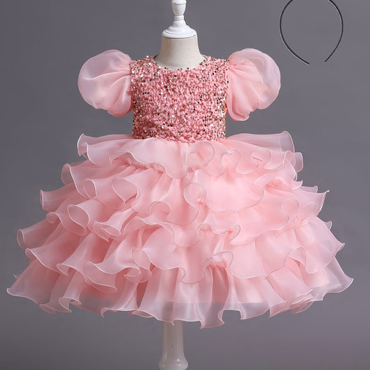 Girls Sequined Party Ball Dress With Bow Headband