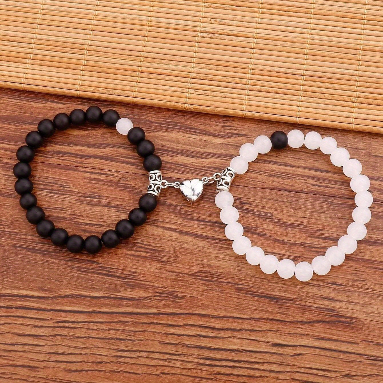 Crackle Beaded Bracelet Set Magnetic Heart Pendant Matte Beaded Couples Bracelet