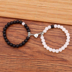 Crackle Beaded Bracelet Set Magnetic Heart Pendant Matte Beaded Couples Bracelet