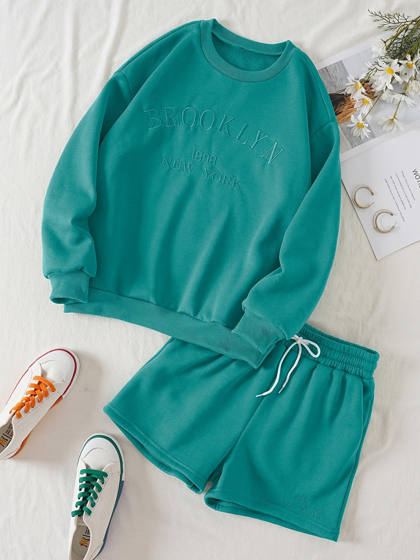 Casual Letter Print Sweatshirt & High Waist Shorts Set