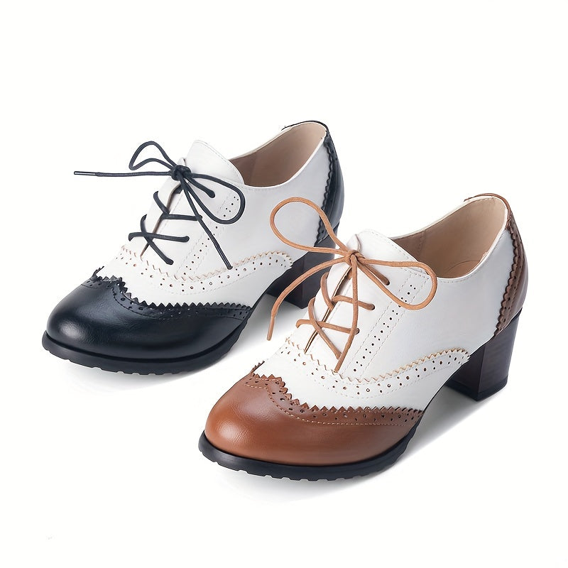 Women's Perforated Pumps Colorblock Lace Up Stacked Chunky Heels