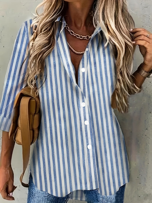  Stripe Print Button Up Long Sleeve Blouse