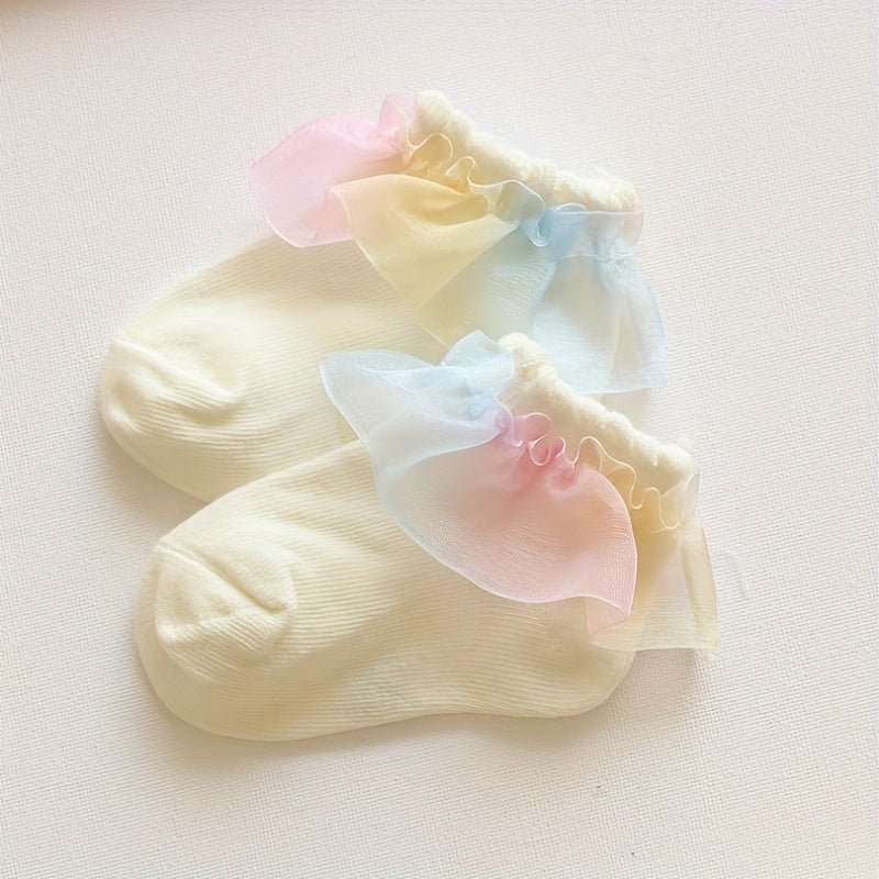 3pcs Colorful Lace Edge Baby Girl Socks, Comfy Princess Socks
