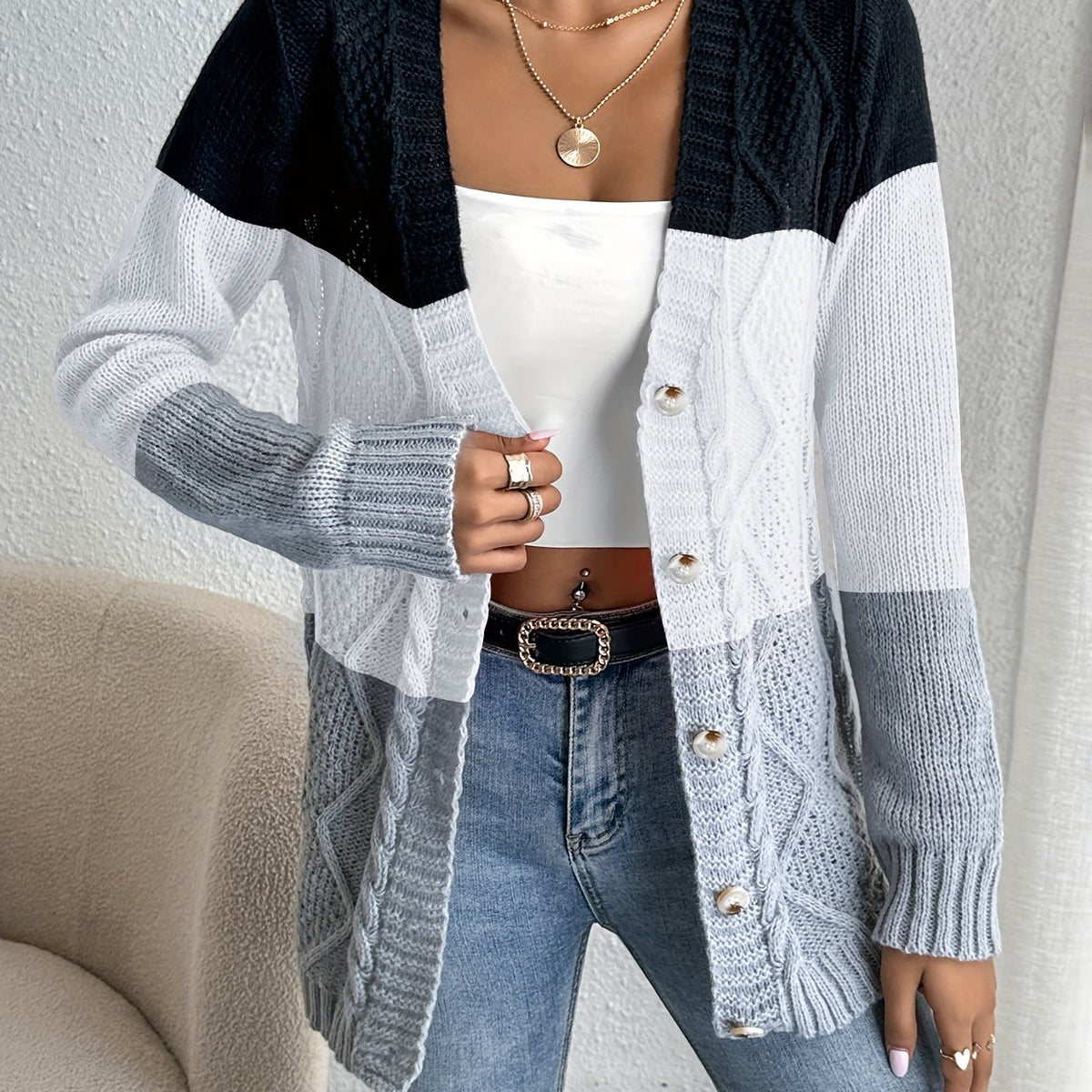 Casual Long Sleeve Cardigan For Spring & Fall Women's Clothing