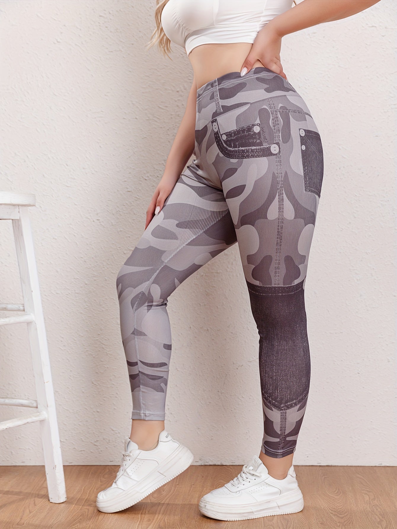 Women's Plus Camo Skinny Trousers High Rise Stretch Pants