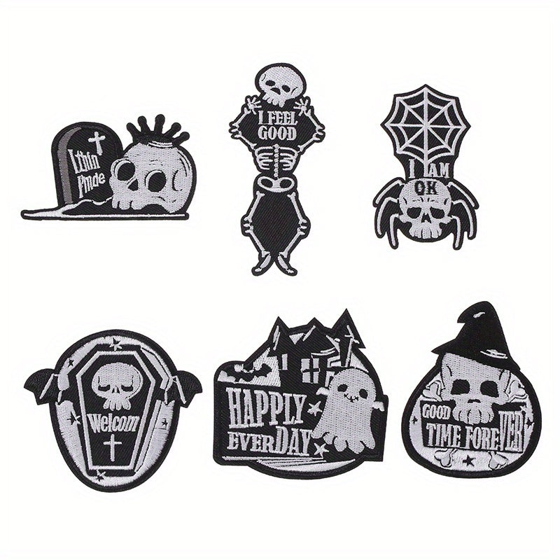 6pcs Halloween Punk Style Skull Cloth Stickers Embroidered Cloth Stickers