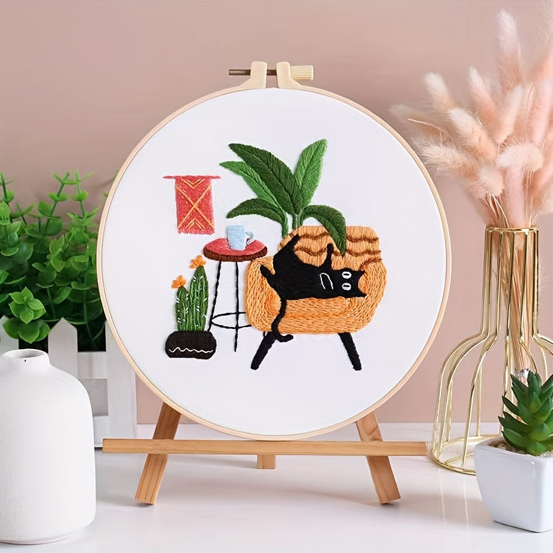 Cat Embroidery Kit DIY Starter Set with Hoop