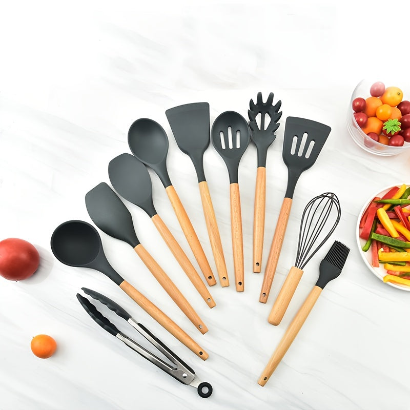 11pcs Silicone Wooden Handle Cooking Set Kitchen Tools