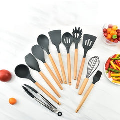 11pcs Silicone Wooden Handle Cooking Set Kitchen Tools