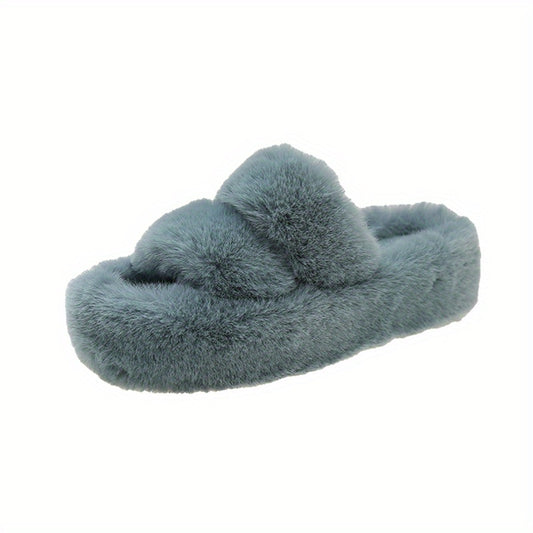 Women's Solid Faux Fur Slippers Plush Platform Shoes