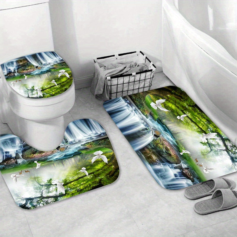 3pcs Pigeons Waterfall Landscape Shower Curtain Set