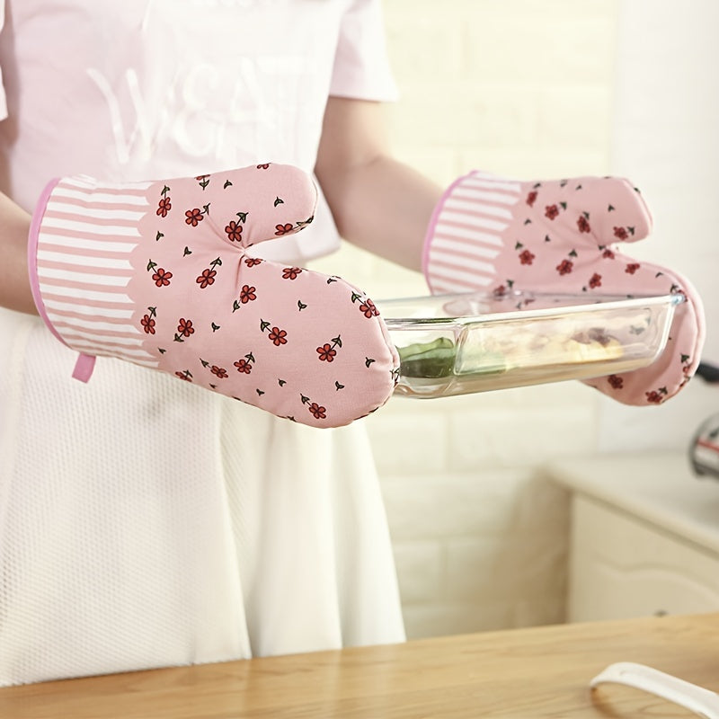 2pcs Colorful Printed Oven Mitts Double Layer Heat Resistant Baking Gloves