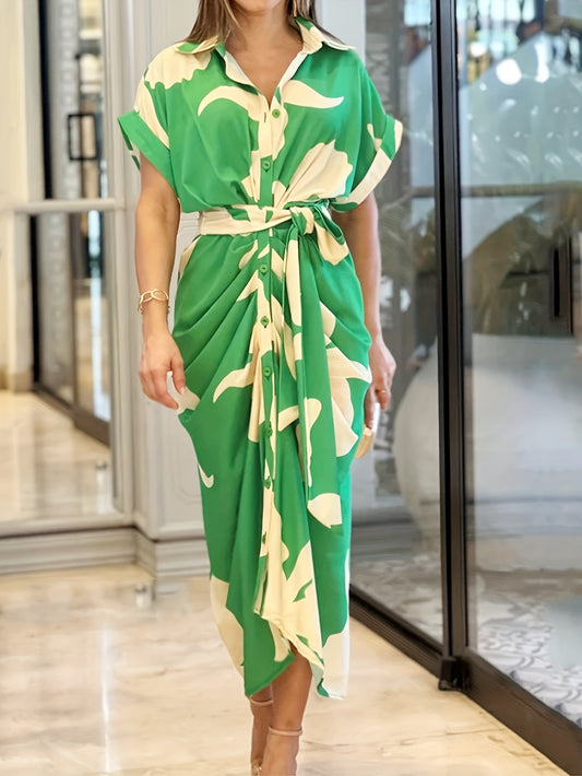  Print Maxi Dress Button Up Lapel Collar Belted Ruched Batwing Sleeve