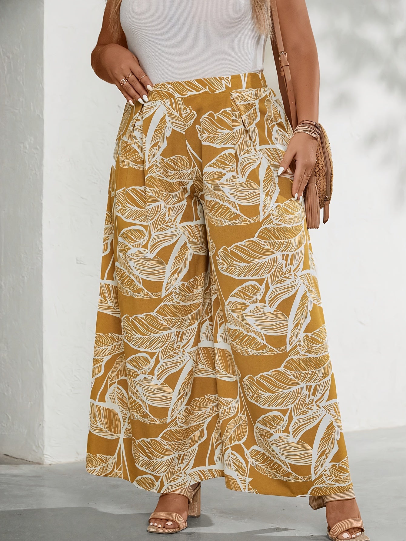  Tropical Print High Rise Wide Leg Trousers