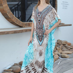  Boho Cover Up Women's V-neck Geometric Print Batwing Sleeve Split