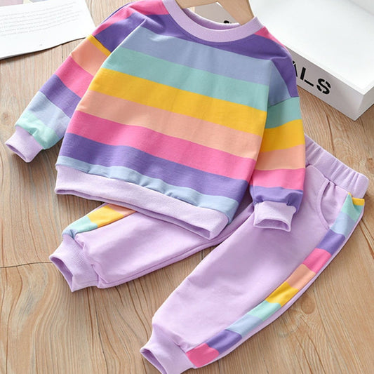 Girls Rainbow Striped Sweatshirt & Pants Set