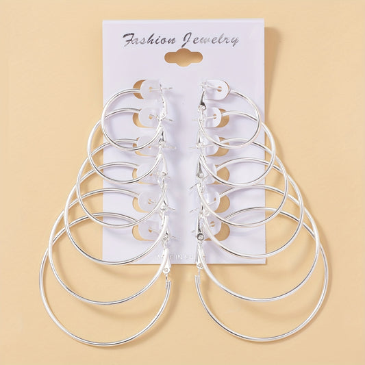 6 Pairs Silvery Big Circle Hoop Earrings Stainless Steel Silver Plated Jewelry