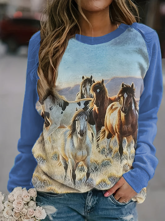Western Ethnic Horse Print Sweatshirt Long Sleeve Raglan