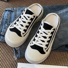 Women's Mule Sneakers Lace Up Canvas Shoes Platform Walking Shoes