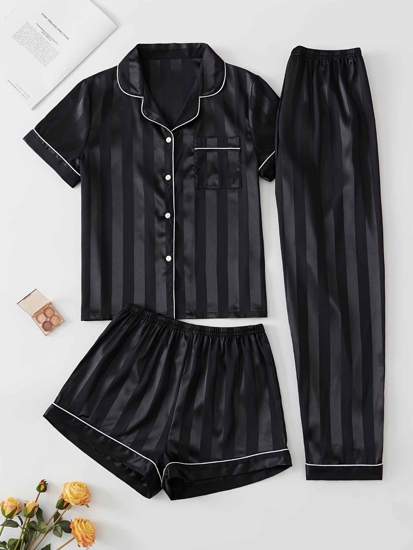 Stripe Print Pajama Set Button Up Top & Shorts & Pants Women's Sleepwear