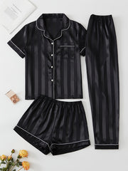 Stripe Print Pajama Set Button Up Top & Shorts & Pants Women's Sleepwear