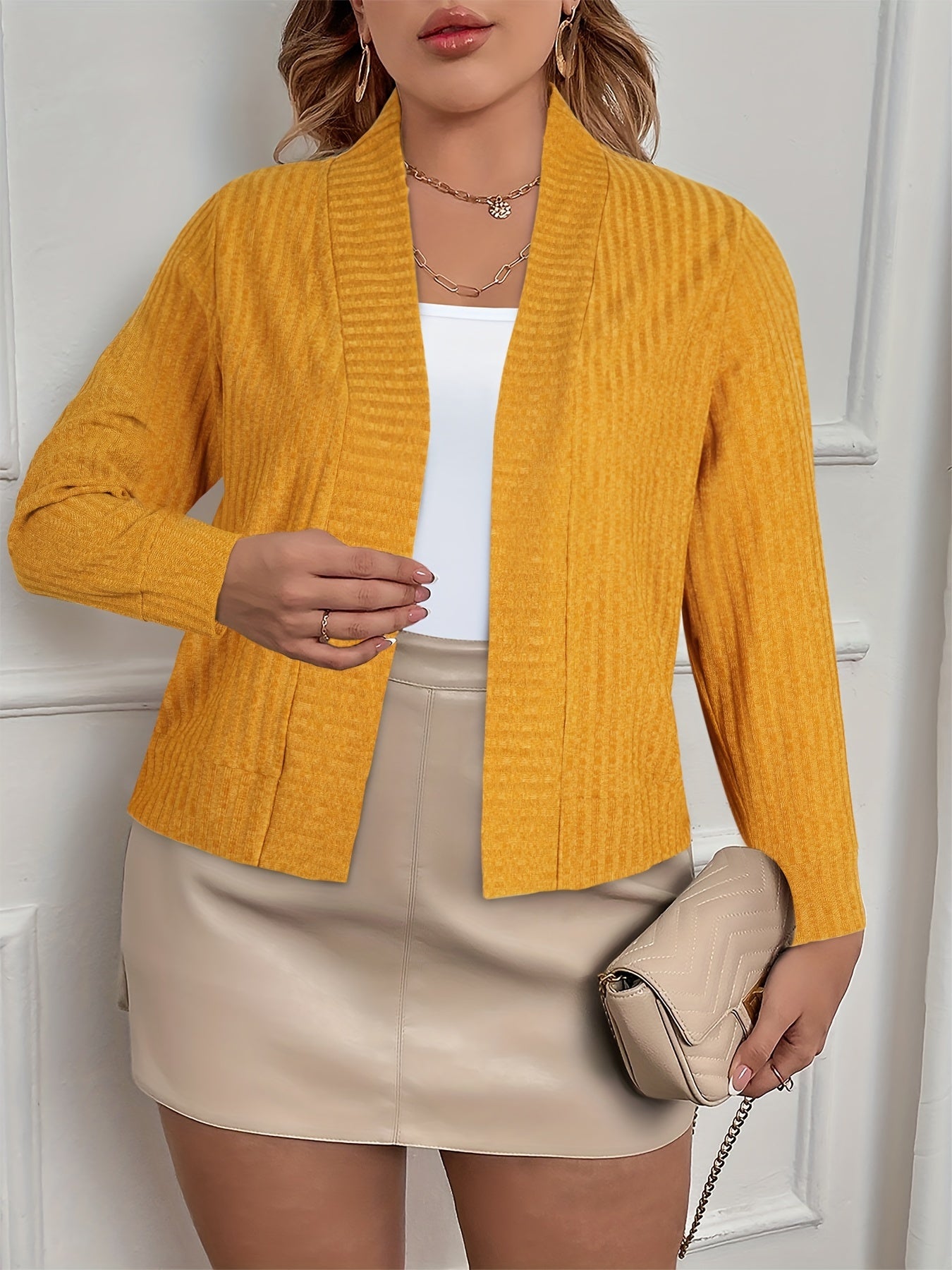  Solid Ribbed Long Sleeve Open Front Cardigan