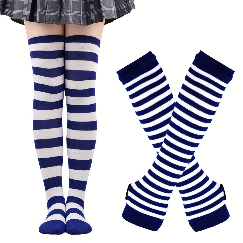 Fashionable Striped Arm Sleeve & Thigh High Socks Set for Cosplay, Parties