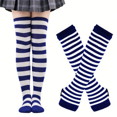 Fashionable Striped Arm Sleeve & Thigh High Socks Set for Cosplay, Parties