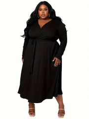 Plus Size Solid Ribbed Long Sleeve Maxi Dress With Belt