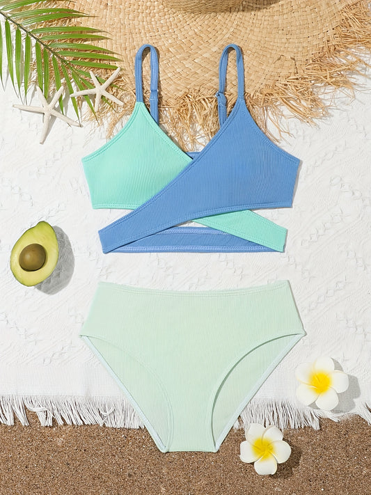 Girls 2pcs Bikini Set Crisscross Top Briefs Swimsuit Set