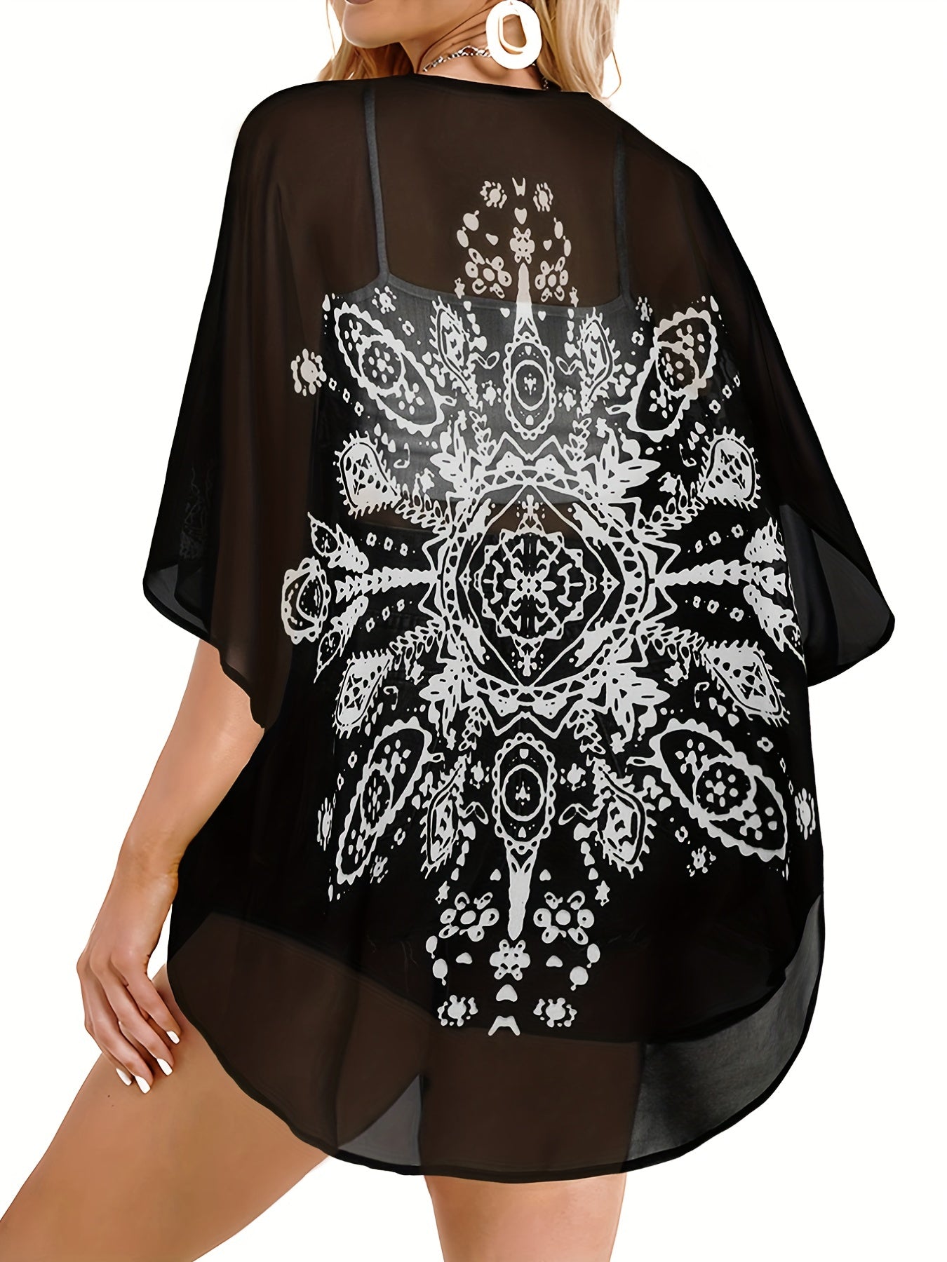 Semi Sheer V Neck Print Cover Up Shirt for Women