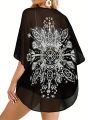 Semi Sheer V Neck Print Cover Up Shirt for Women