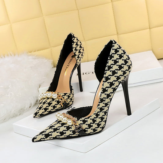 Women's Houndstooth Side Cutout High Heels