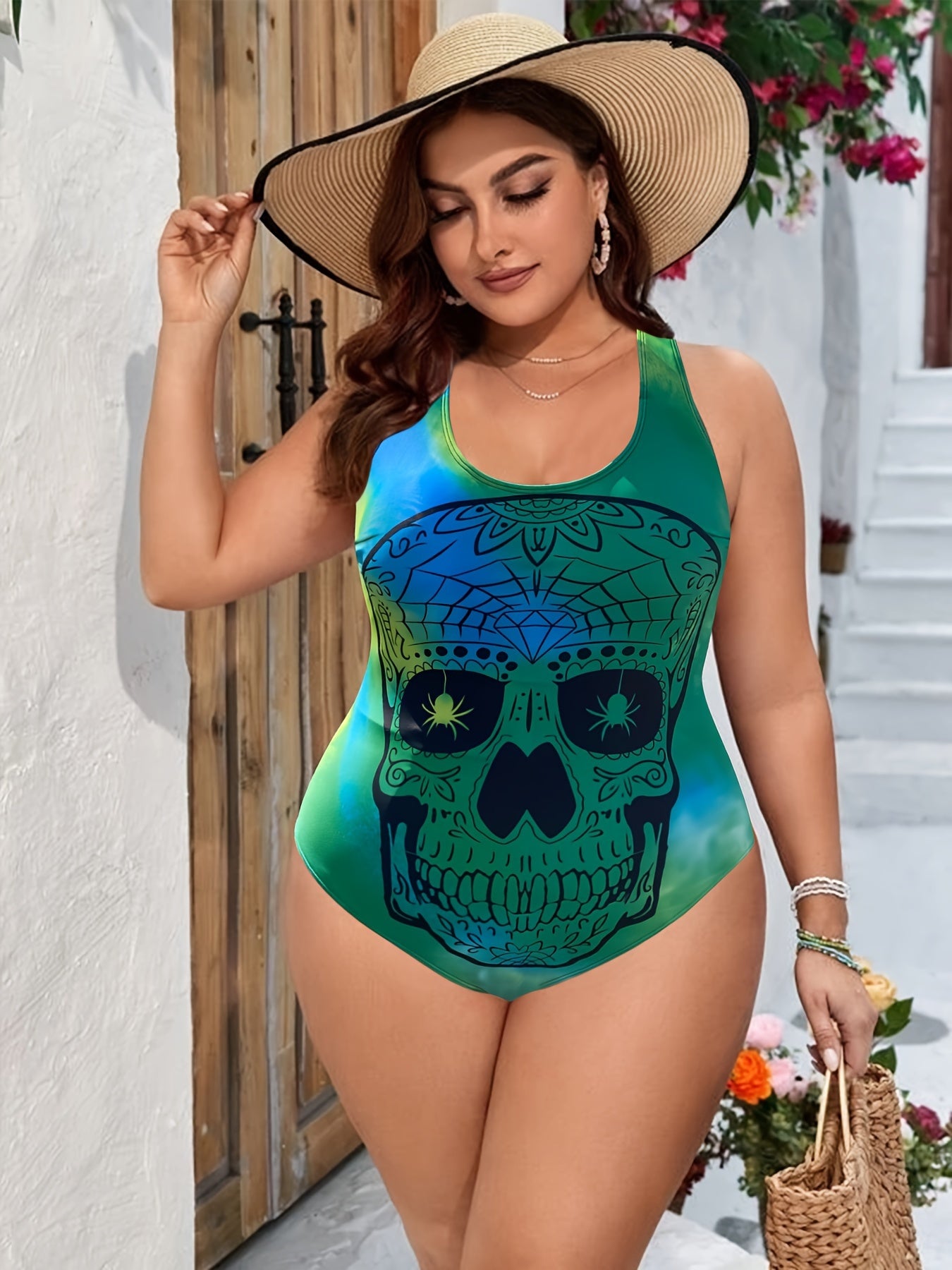  Gothic Swimsuit Skull Print Tummy Control One Piece Bathing