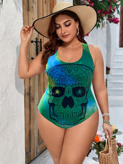  Gothic Swimsuit Skull Print Tummy Control One Piece Bathing