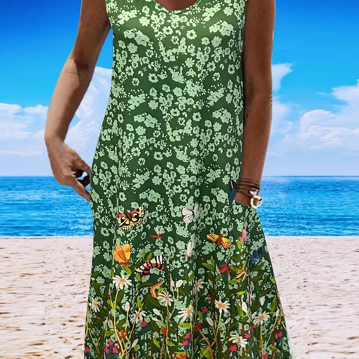 Floral Print Tank Dress, Plus Size with Pockets