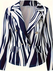  Casual Stripe Print Blazer Long Sleeve Lapel Collar