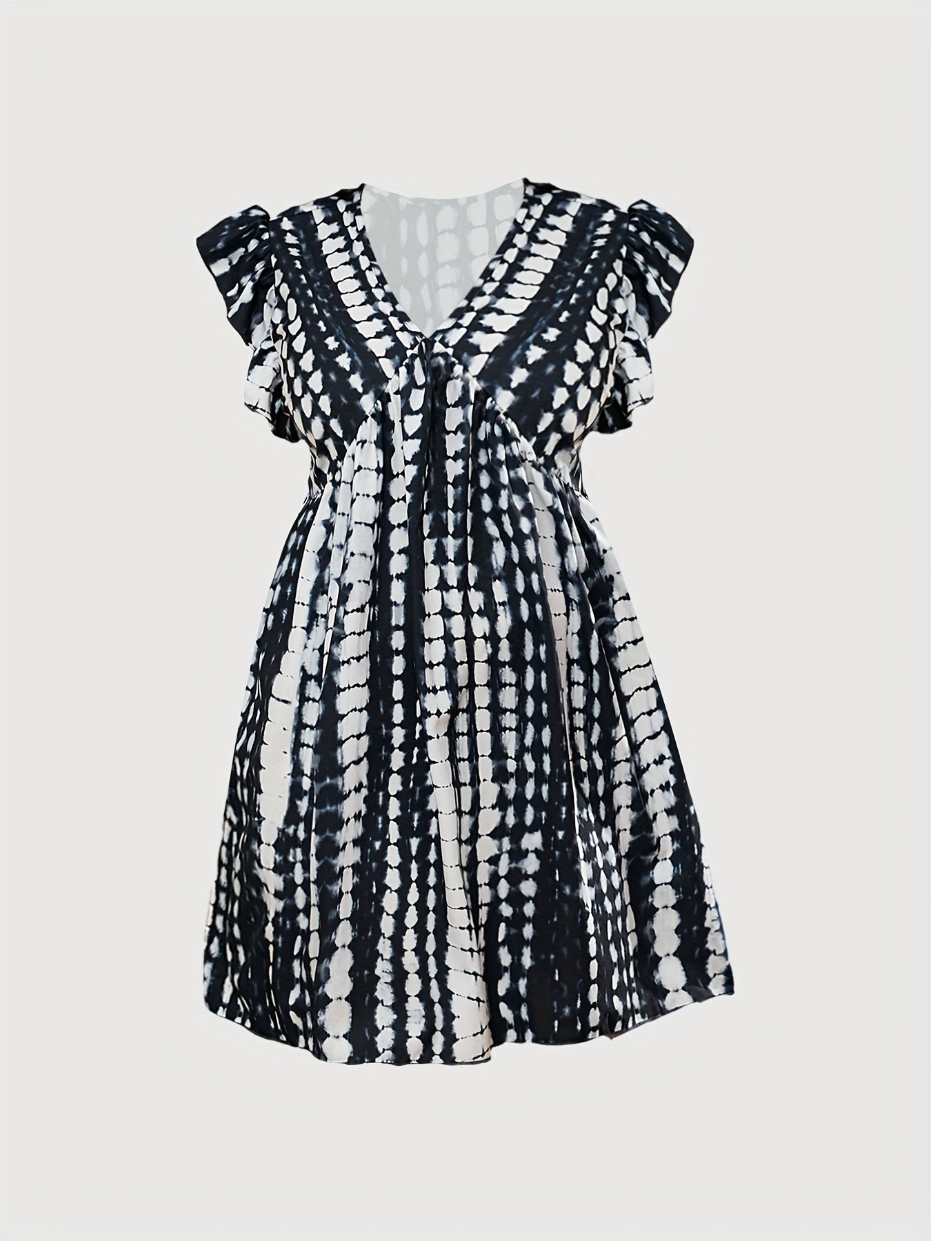  Tie Dye Stripe Print Ruffle Sleeve V Neck Dress