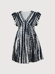  Tie Dye Stripe Print Ruffle Sleeve V Neck Dress