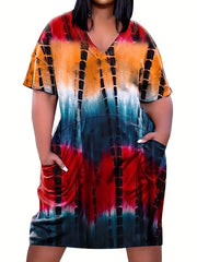  Tie Dye Short Sleeve V Neck Stretch Dress