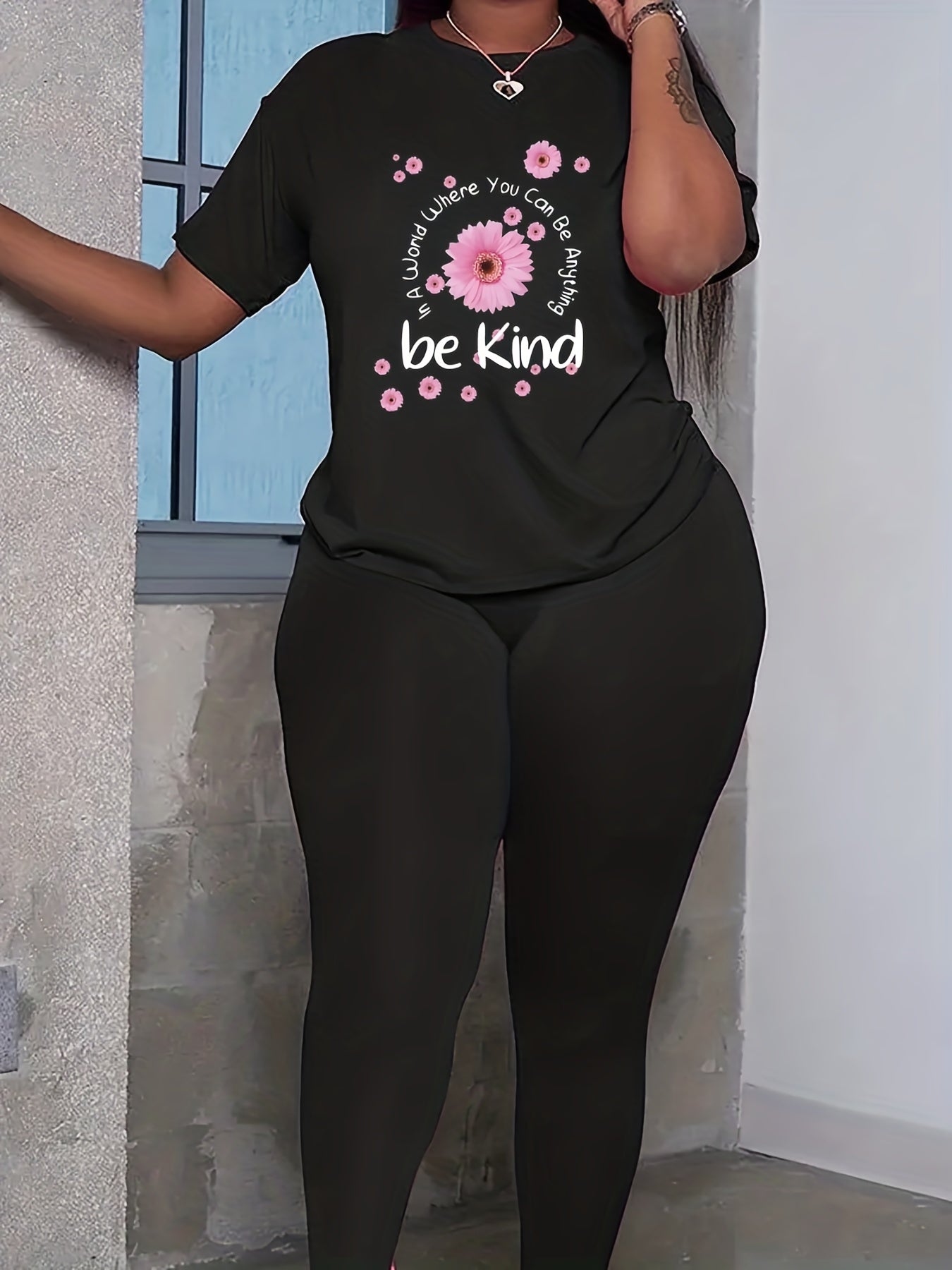  2 Piece Set Women's Floral & Slogan Print Tee & Leggings Outfits