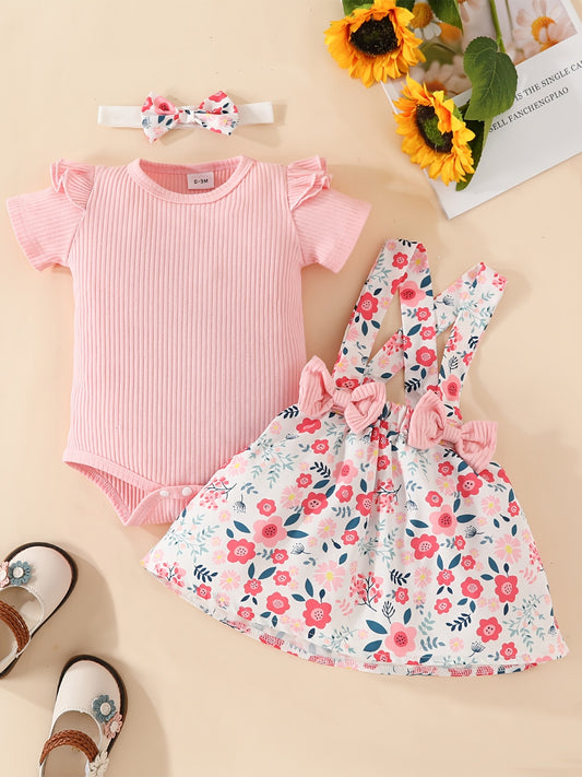 3pcs Baby Girls Onesie & Floral Suspender Skirt Set