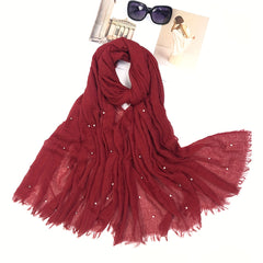 Solid Raw Trim Rushed Scarf Faux Pearl Decor Shawl Wrap
