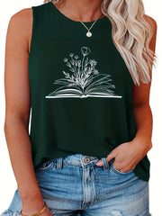  Casual Tank Top Women's Plus Book & Flower Print Round Neck Tank