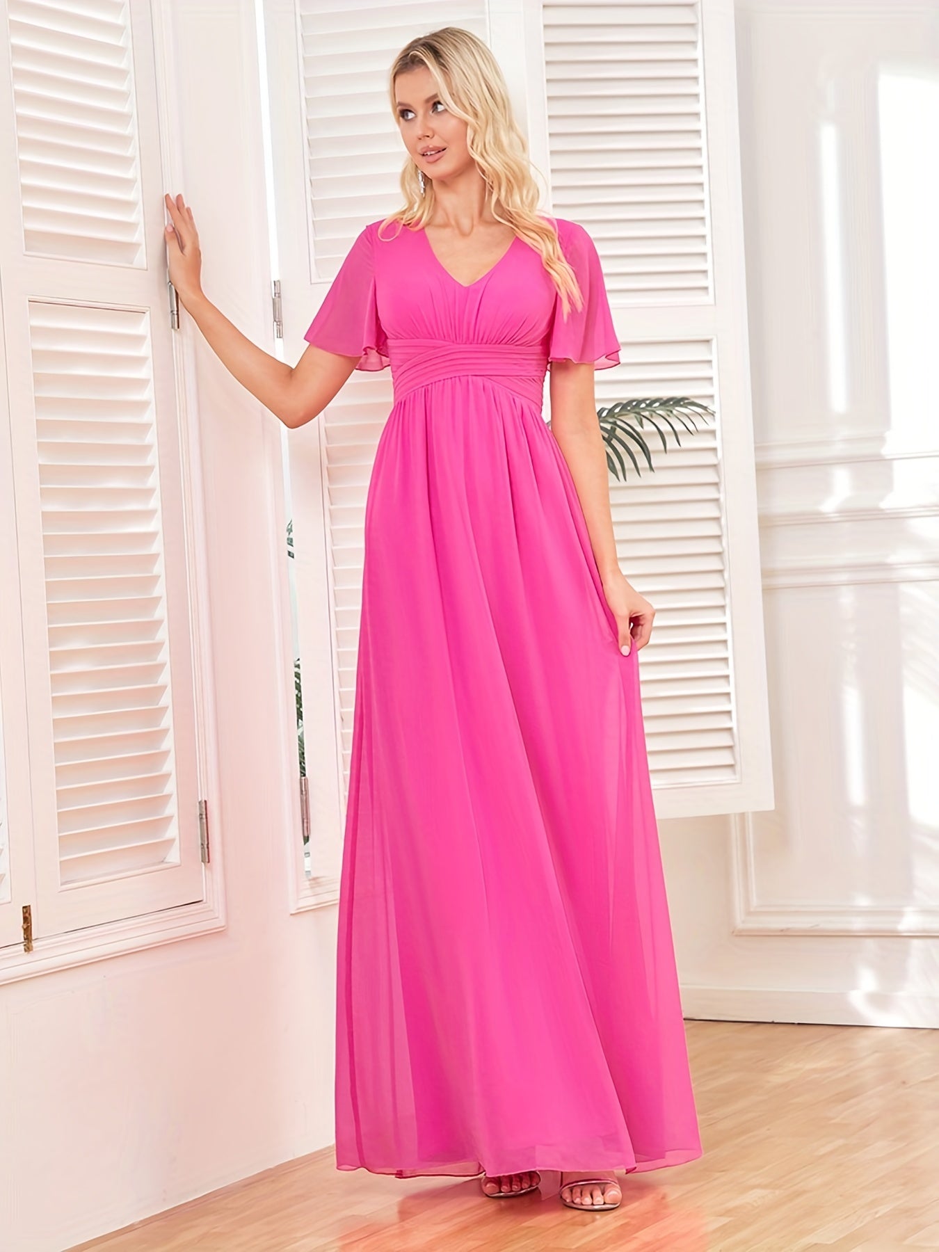 Solid V Neck Bridesmaid Dress Short Sleeve Maxi Wedding Party Dress