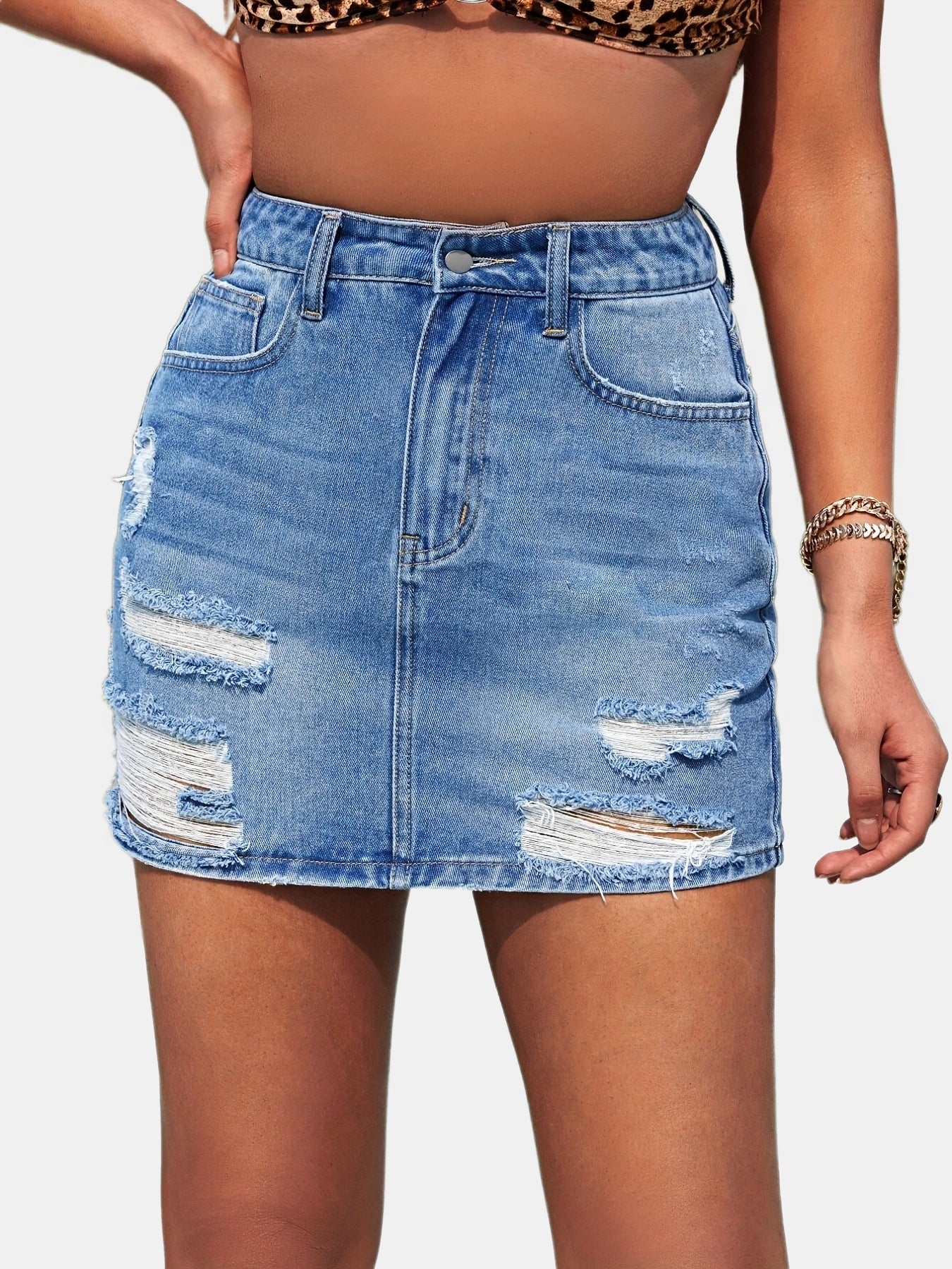 Ripped Water Ripple Embossed Crotch Denim Skirt