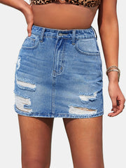Ripped Water Ripple Embossed Crotch Denim Skirt