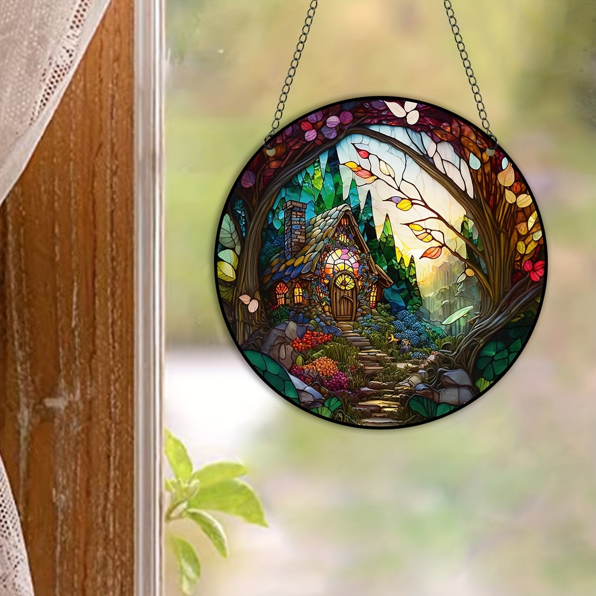 Forest House Suncatcher Stained Plastic Window Hanging Home Garden Decor