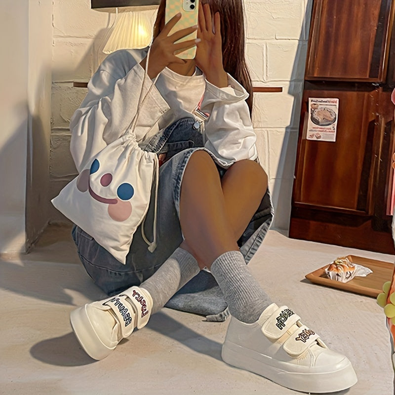 Women's Letter Print Canvas Shoes Casual Round Toe Hook & Loop Sneakers
