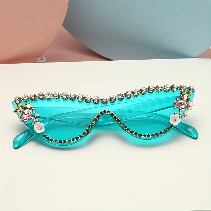 Candy Sunglasses Rhinestone & Flower Decor Cat Eye Glasses UV400